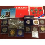 SMALL BOX VARIOUS COOK ISLANDS AND AUSTRALIAN COINS ETC, MAINLY CAPTAIN COOK THEME. (APPROX 27).