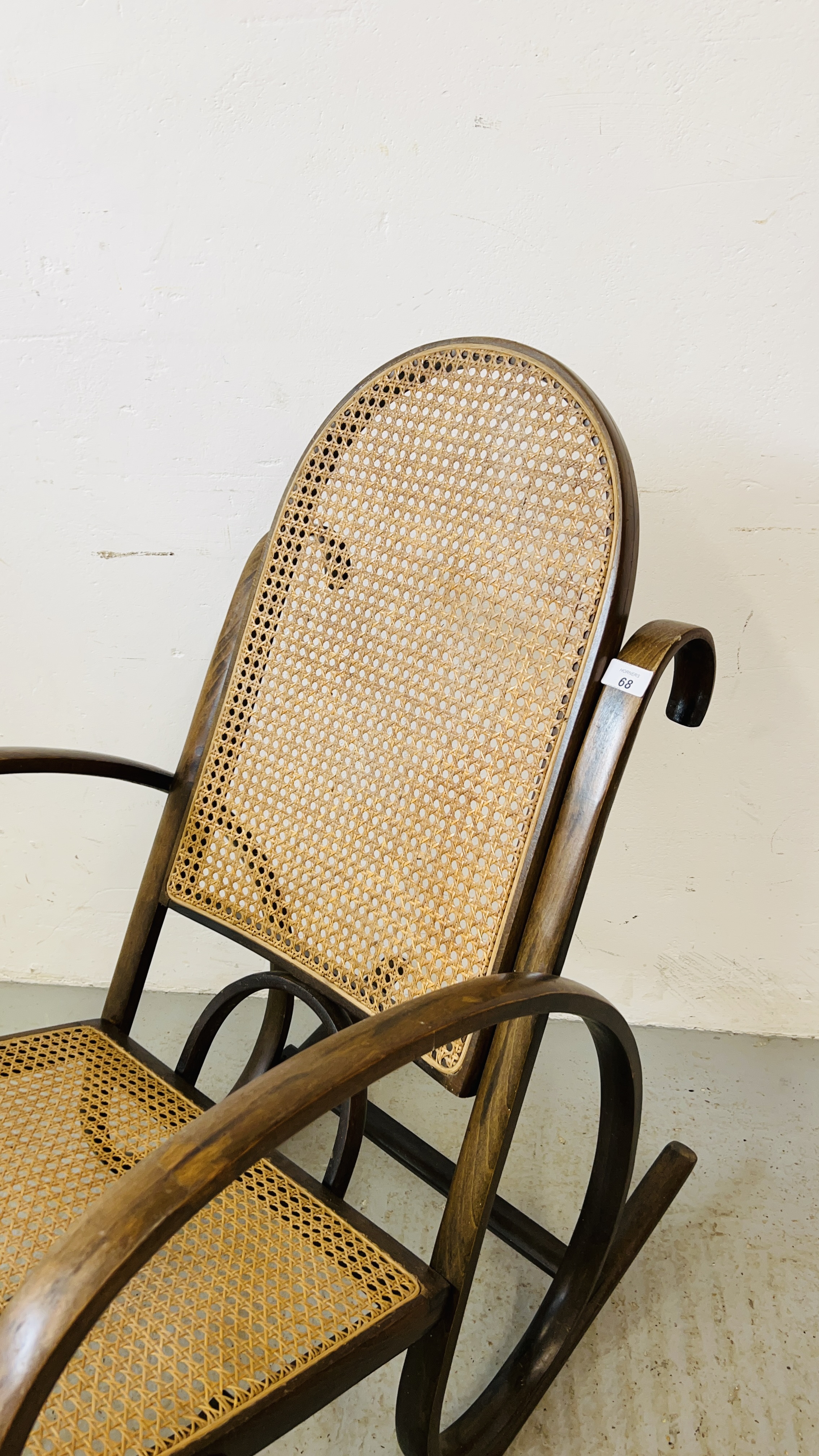 A BENTWOOD ROCKING CHAIR WITH RATTAN SEAT AND BACK - Image 2 of 5