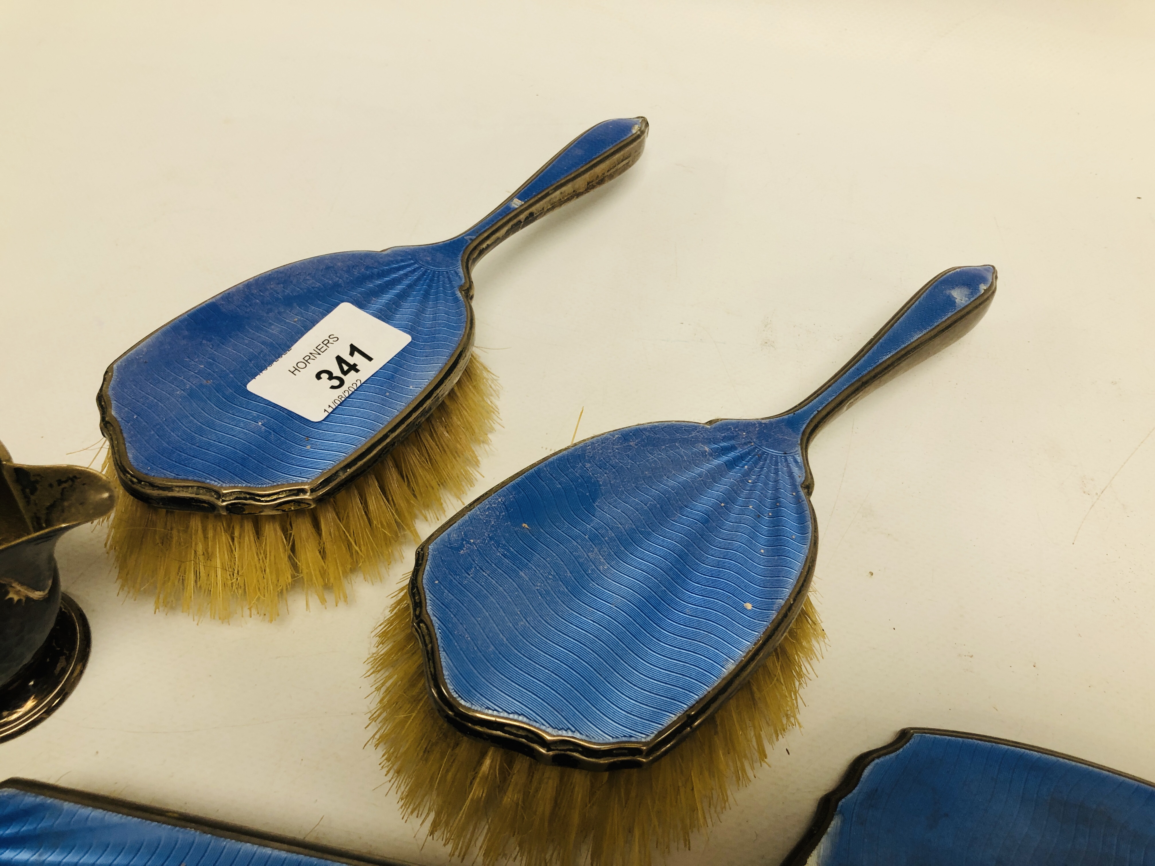 VINTAGE 4 PIECE SILVER BACKED DRESSING TABLE BRUSHES / MIRROR, BLUE ENAMELLED DETAIL, - Image 4 of 8