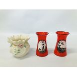 PAIR OF VINTAGE RED GLASS VASES DECORATED WITH A BLACK AND WHITE CAMEO DESIGN A/F, BELLEEK VASE.