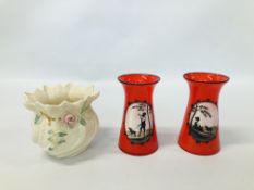 PAIR OF VINTAGE RED GLASS VASES DECORATED WITH A BLACK AND WHITE CAMEO DESIGN A/F, BELLEEK VASE.