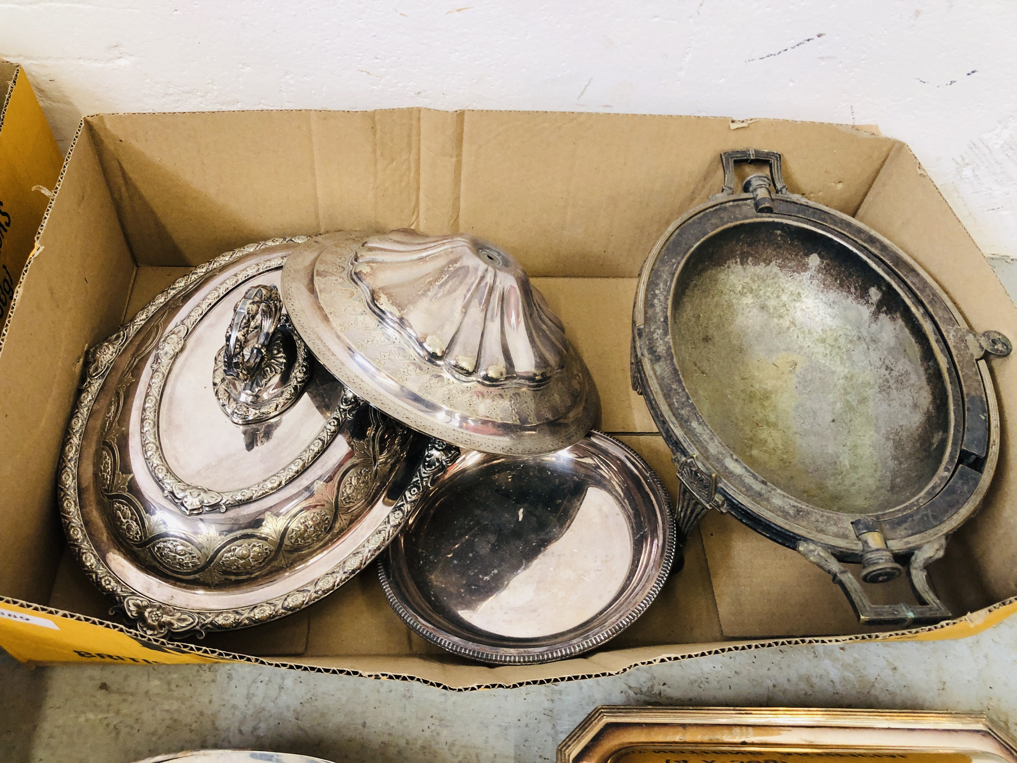 TWO BOXES CONTAINING AN EXTENSIVE COLLECTION OF SILVER PLATED TUREENS AND HANDLES, TWO HANDLED TRAY, - Image 6 of 7