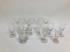 A GROUP OF VICTORIAN AND LATER DRINKING GLASSES ALONG WITH THREE LATE GEORGIAN GLASSES (SOME A/F).