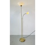A BRASS FINISH UPLIGHTER WITH ADJUSTABLE READING LIGHT - SOLD AS SEEN.