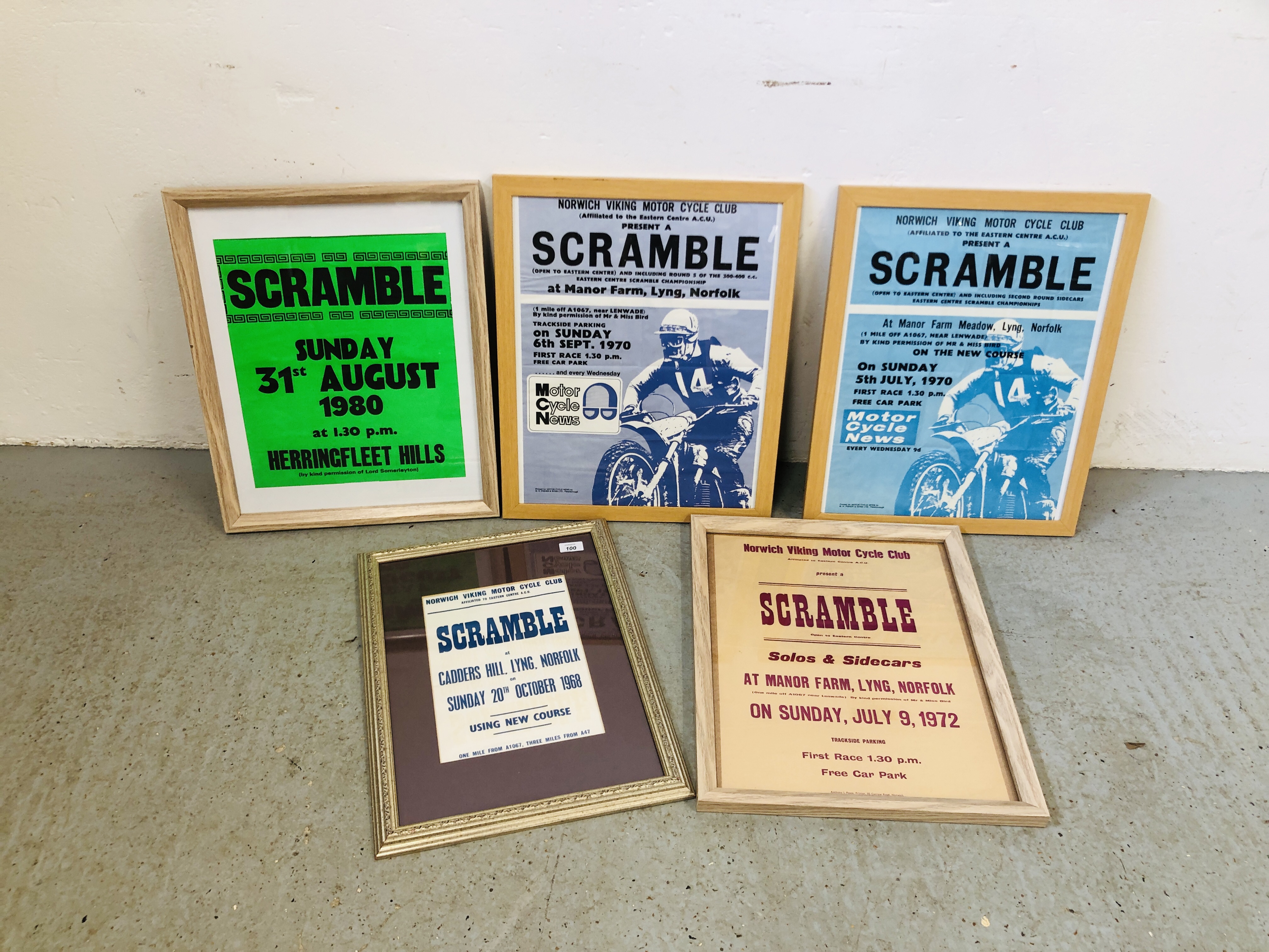 5 FRAMED "SCRAMBLE" NORWICH VIKING MOTORCYCLE CLUB - ADVERTISING POSTERS.