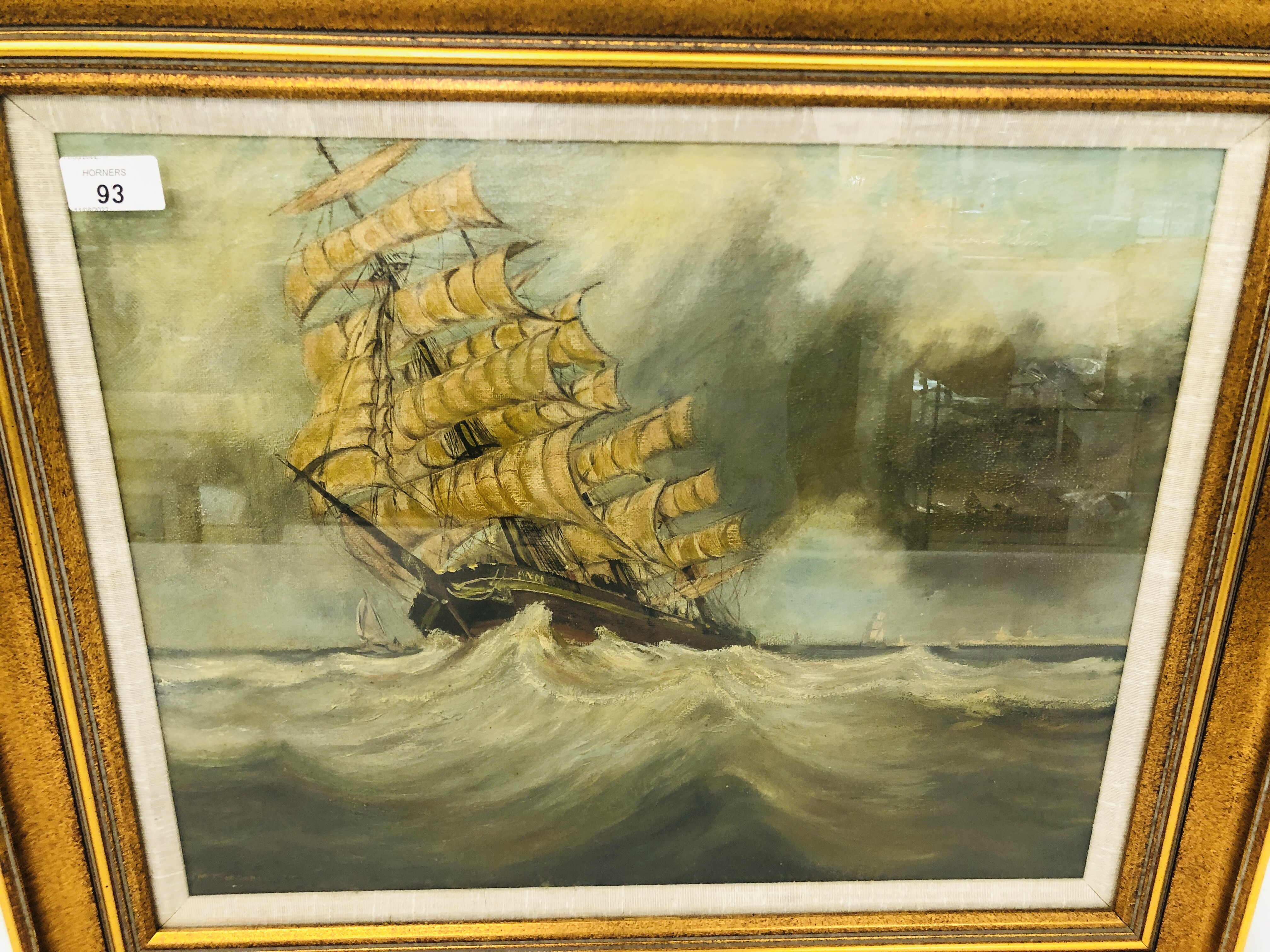 A FRAMED AND MOUNTED OIL ON CANVAS PAINTING OF A SHIP AT SEA BEARING SIGNATURE BIRCHALL 49CM X 39CM. - Image 2 of 7