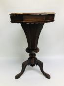 A VINTAGE OCTAGONAL PEDESTAL SEWING BOX A/F COMPLETE WITH ACCESSORIES.