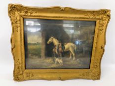 AFTER GEORGE MORLAND, OIL ON CANVAS, GREY HORSE IN STABLE WITH FIGURES AND DOGS, 30CM X 40CM.