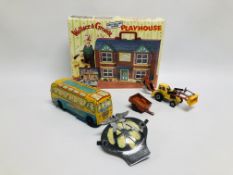 WALLACE AND GROMIT PLAYHOUSE (BOXED) ALONG WITH A VINTAGE TIN PLATE TRANSWORLD COACHES,