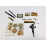 VARIOUS COLLECTABLE'S TO INCLUDE COINS, COMPASS, MOTHER OF PEARL FRUIT KNIFE, PENS, TRINKET BOX,