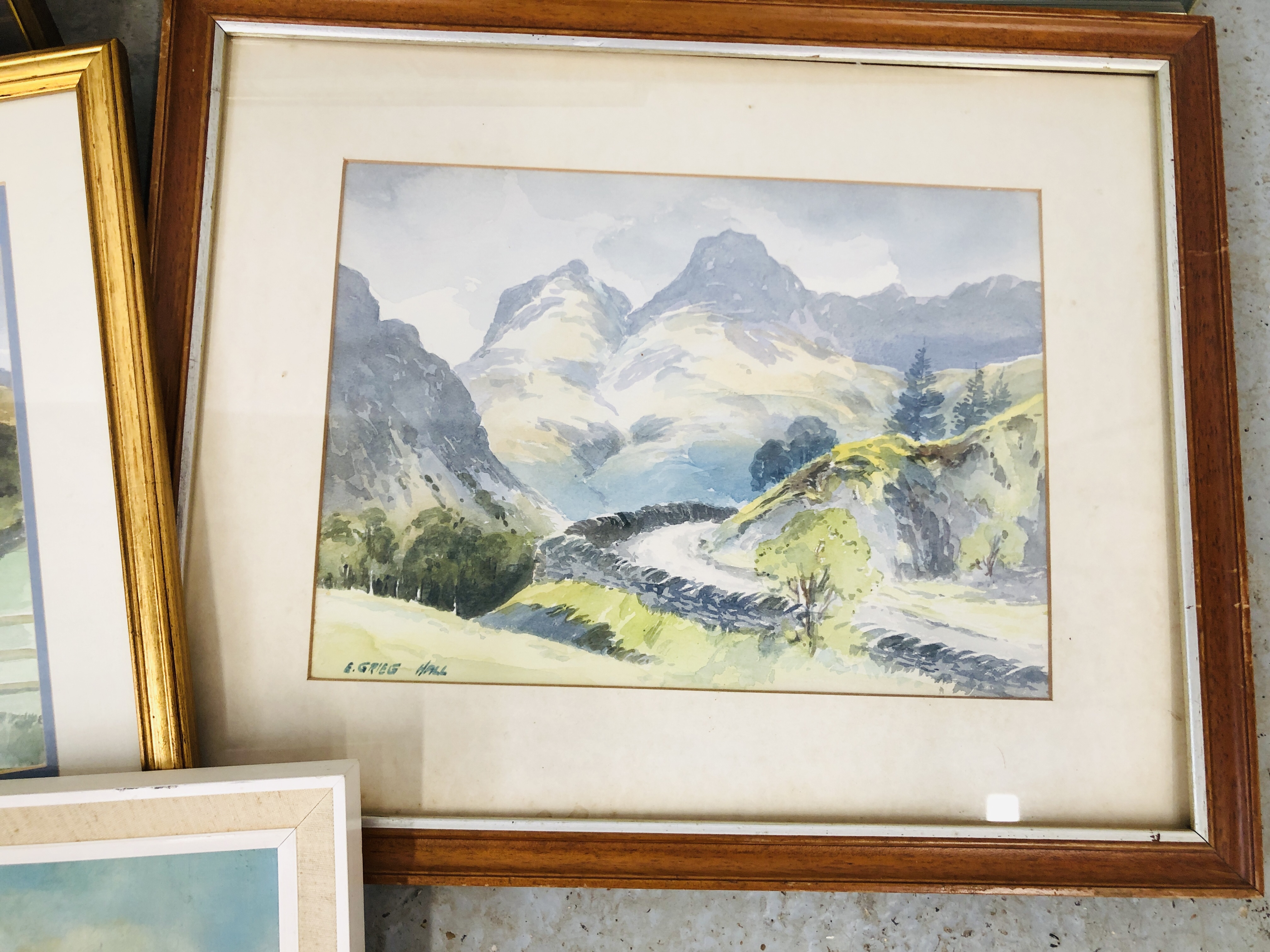 COLLECTION OF ORIGINAL ARTWORKS TO INCLUDE FOUR FRAMED WATERCOLOURS BEARING SIGNATURE GRIEG HALL, - Image 3 of 7