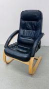 A DESIGNER BENTWOOD FRAMED BLACK LEATHER RELAXER CHAIR