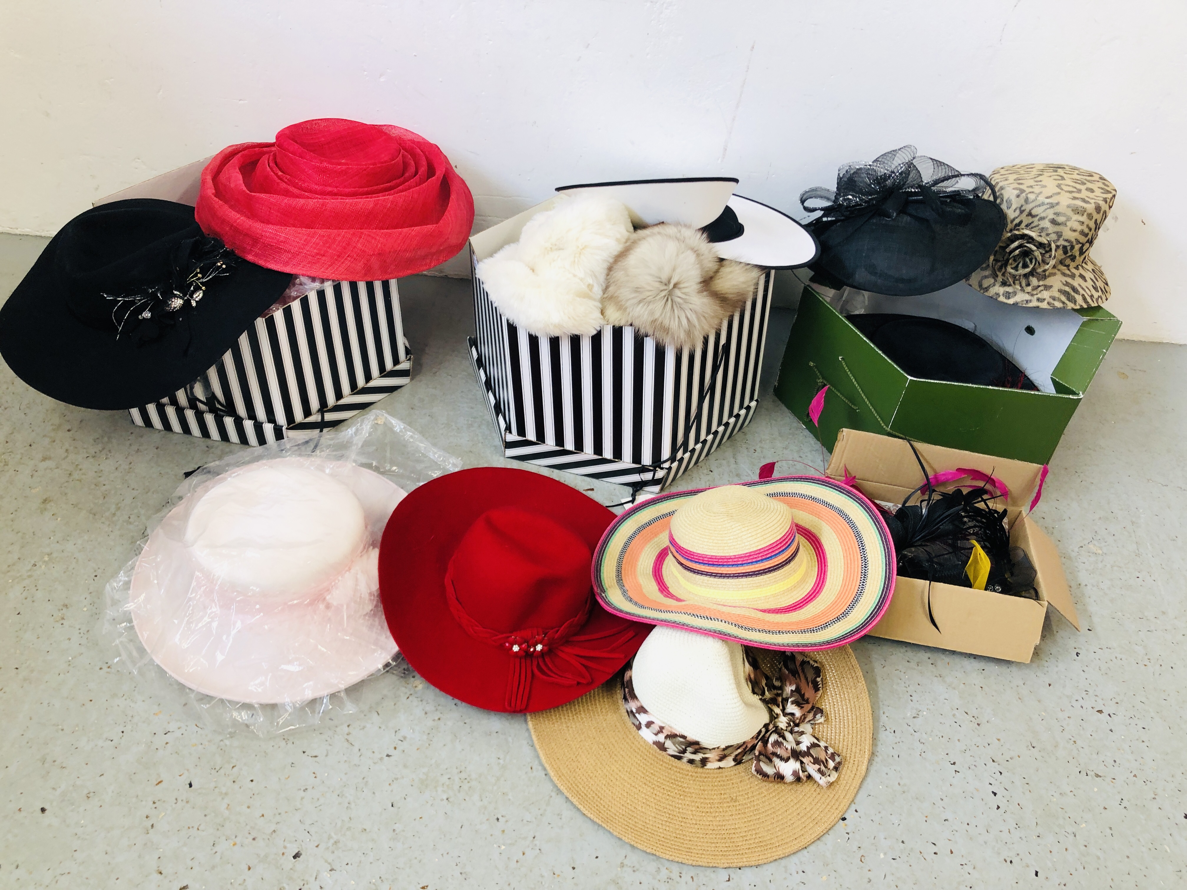 A COLLECTION OF ASSORTED LADIES FASHION HATS AND FASCINATORS TO INCLUDE SHEEPSKIN HATS.