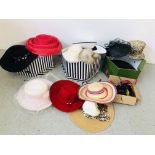 A COLLECTION OF ASSORTED LADIES FASHION HATS AND FASCINATORS TO INCLUDE SHEEPSKIN HATS.