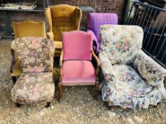 A GROUP OF SIX ANTIQUE EASY CHAIRS TO INCLUDE VICTORIAN, WING BACK, NURSING CHAIR ETC.