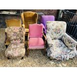 A GROUP OF SIX ANTIQUE EASY CHAIRS TO INCLUDE VICTORIAN, WING BACK, NURSING CHAIR ETC.