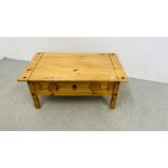 A MEXICAN PINE COFFEE TABLE WITH DRAWER W 101CM, D 61CM, H 45CM.