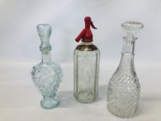 TWO GLASS DECANTERS PLUS A VINTAGE CHARLES WELLS BEDFORD SODA SYPHON