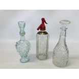 TWO GLASS DECANTERS PLUS A VINTAGE CHARLES WELLS BEDFORD SODA SYPHON