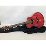 A YAMAHA ELECTRO ACOUSTIC GUITAR WITH SOFT ROCKBAG BACK PACK CARRY CASE - SOLD AS SEEN.