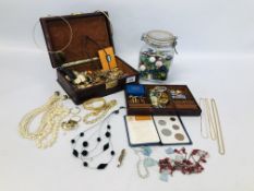 A JEWELLERY BOX CONTAINING COSTUME JEWELLERY TO INCLUDE SEKONDA WRIST WATCH,