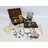 A JEWELLERY BOX CONTAINING COSTUME JEWELLERY TO INCLUDE SEKONDA WRIST WATCH,