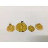 FOUR RELIGIOUS YELLOW METAL PENDANTS (THREE WITH INDISTINCT MARKS).