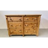 A LARGE SOLID PINE SIX DRAWER CHEST WITH TURNED KNOBS 144CM X 54CM X 101CM.
