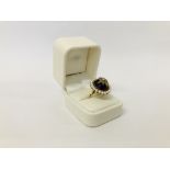 A VINTAGE VICTORIAN DESIGN 9CT. GOLD AMETHYST AND SEED PEARL RING OF RAISED FORM.