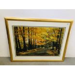 LARGE MODERN GILT FRAMED PRINT AUTUMNAL WOODLAND SCENE WIDTH 90CM. HEIGHT 61CM.