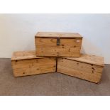 THREE PINE WOODEN STORAGE BOXES W 76CM, D 34CM, H 35CM.