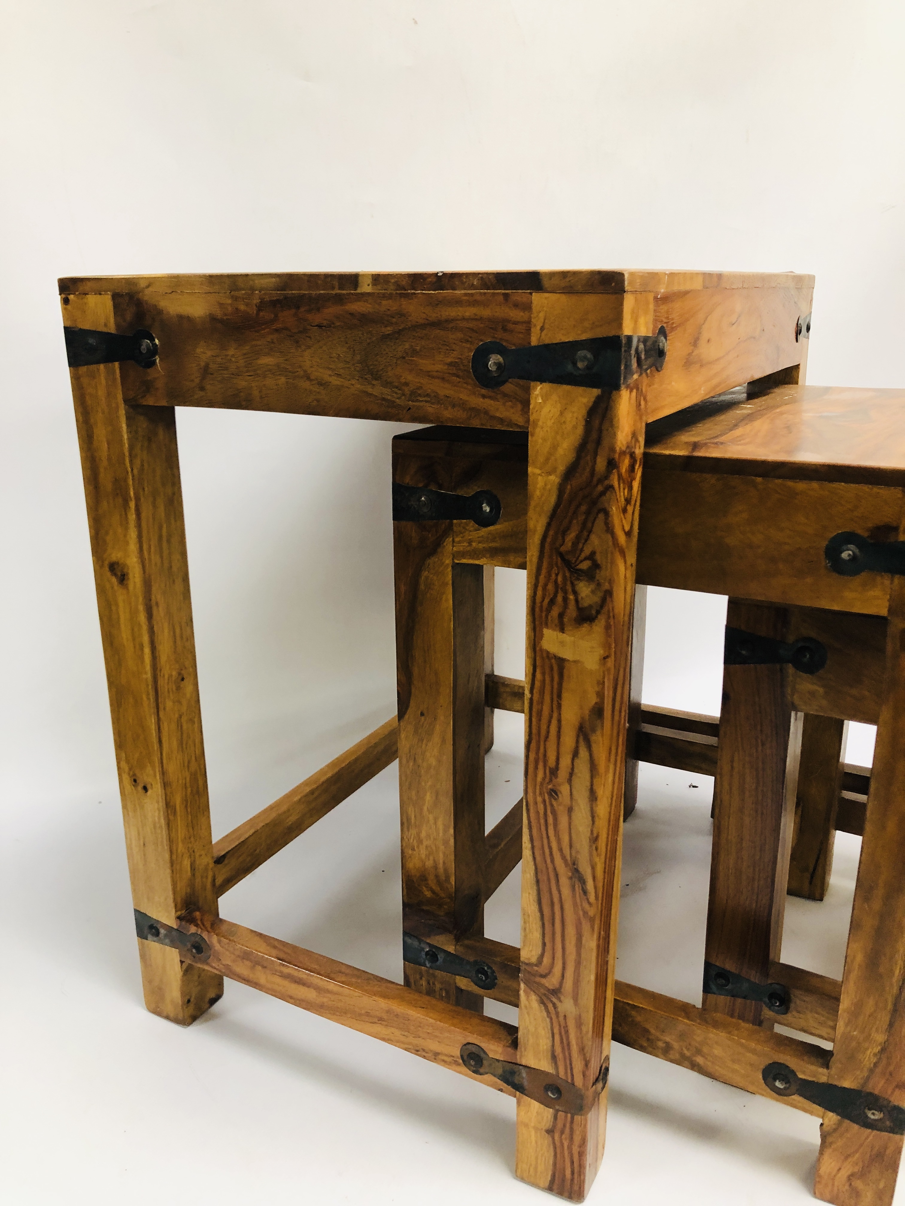 A NEST OF THREE MANGO WOOD GRADUATED TABLES. - Image 10 of 10