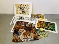 ELEVEN ORIGINAL ART WORKS - UNFRAMED, MOSTLY UNSIGNED BELIEVED TO BE 'F. SANTOS'.