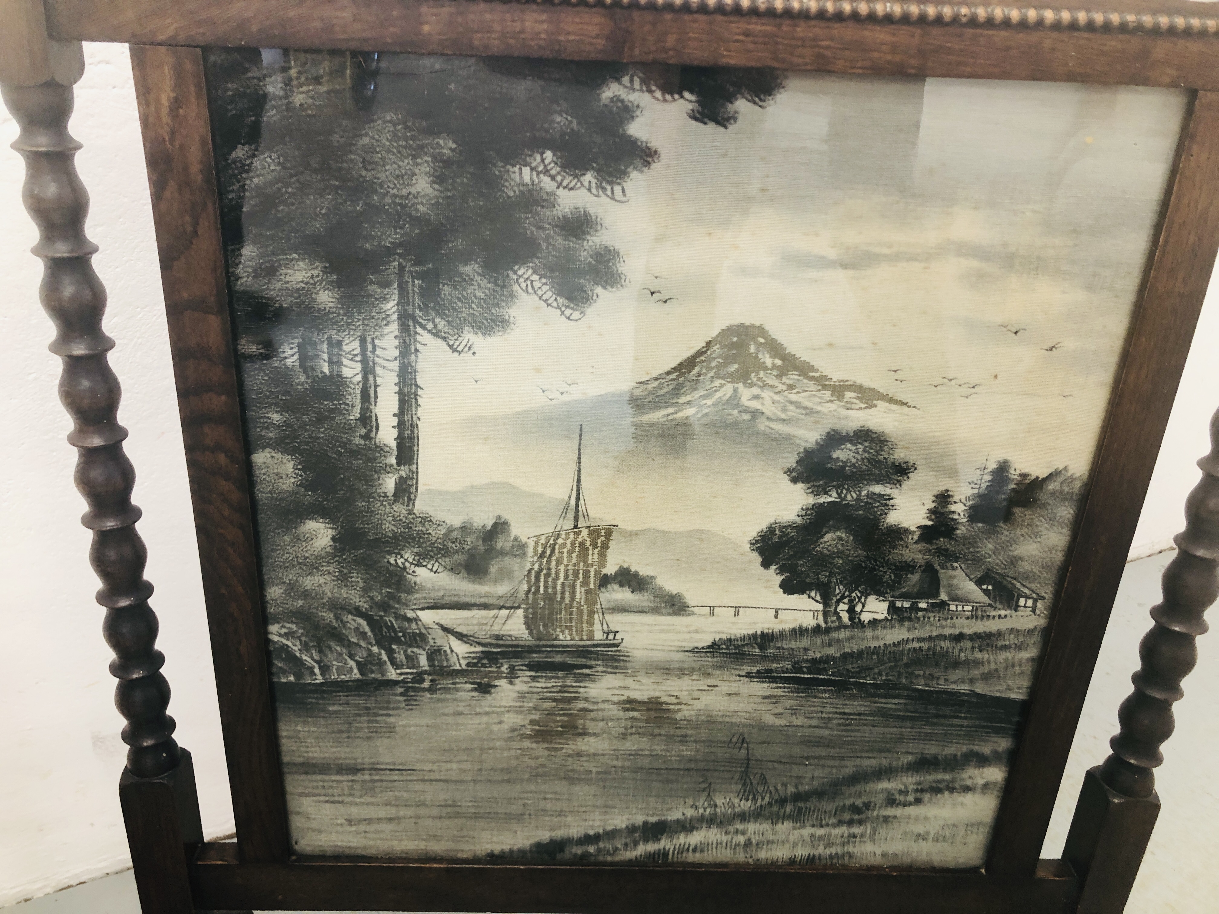A VINTAGE STITCHWORK IN FREESTANDING BARLEY TWIST FIRE SCREEN DEPICTING BOAT ON A LAKE ALONG WITH - Image 3 of 3