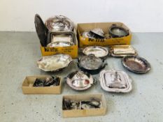 TWO BOXES CONTAINING AN EXTENSIVE COLLECTION OF SILVER PLATED TUREENS AND HANDLES, TWO HANDLED TRAY,