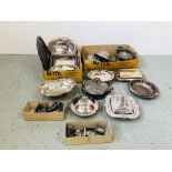 TWO BOXES CONTAINING AN EXTENSIVE COLLECTION OF SILVER PLATED TUREENS AND HANDLES, TWO HANDLED TRAY,