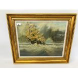 A FRAMED AND MOUNTED OIL ON CANVAS PAINTING OF A SHIP AT SEA BEARING SIGNATURE BIRCHALL 49CM X 39CM.