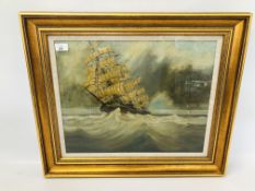 A FRAMED AND MOUNTED OIL ON CANVAS PAINTING OF A SHIP AT SEA BEARING SIGNATURE BIRCHALL 49CM X 39CM.