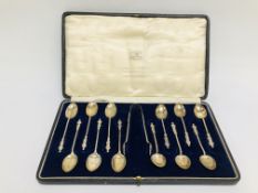 A SET OF TWELVE SILVER APOSTLE SPOONS ALONG WITH SUGAR NIPS, BIRMINGHAM ASSAY,