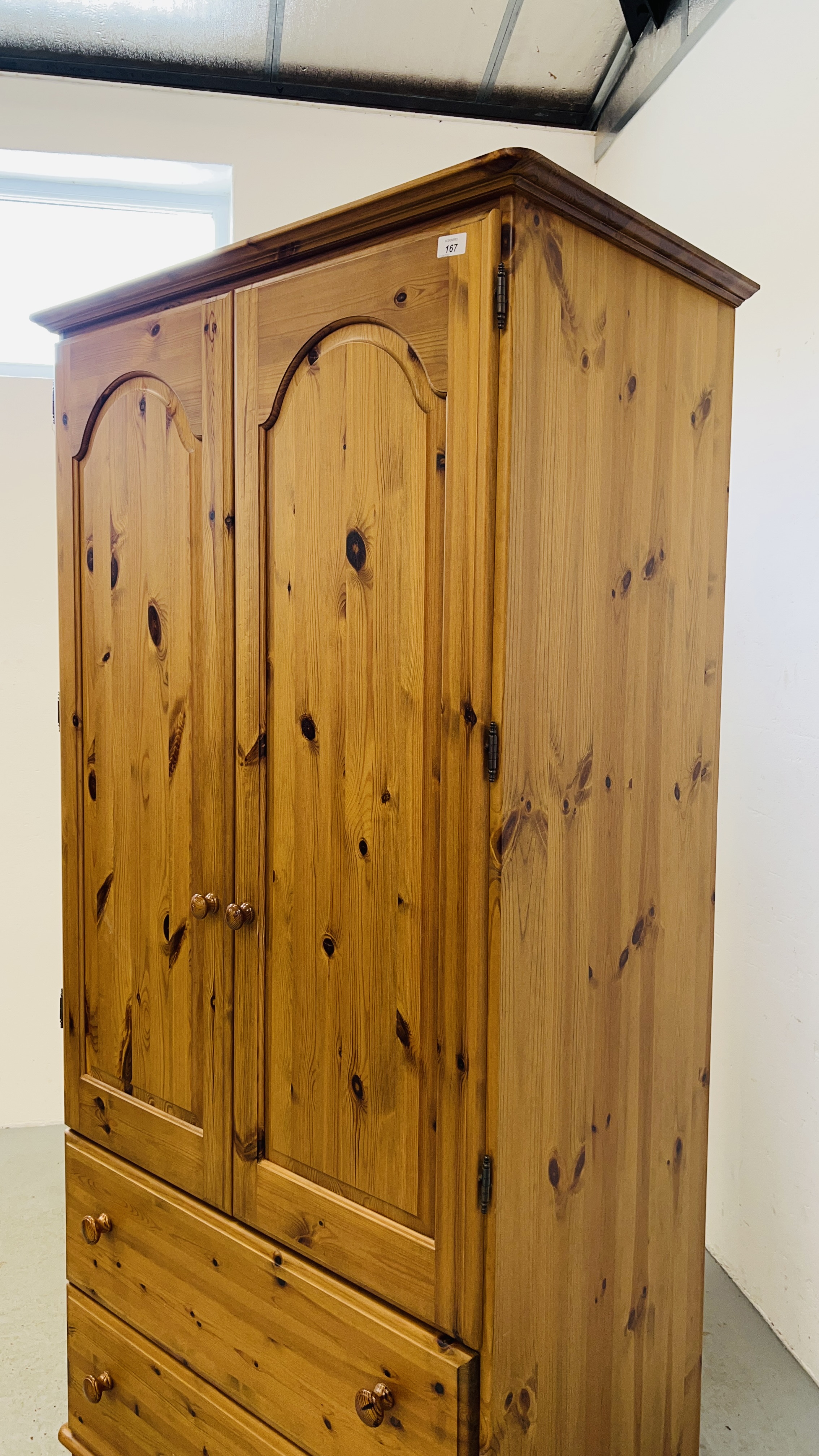 A GOOD QUALITY HONEY PINE TWO DOOR WARDROBE WITH TWO DRAWER BASE WIDTH 93CM. DEPTH 56CM. - Image 2 of 10