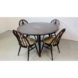 AN ERCOL DROP SIDE DINING TABLE WITH CROSS STRETCHER SUPPORT AND FOUR ERCOL DINING CHAIRS 104CM X