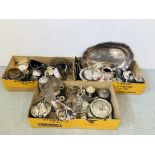 THREE BOXES CONTAINING AN EXTENSIVE COLLECTION OF ASSORTED MODERN AND VINTAGE PLATED WARE TO