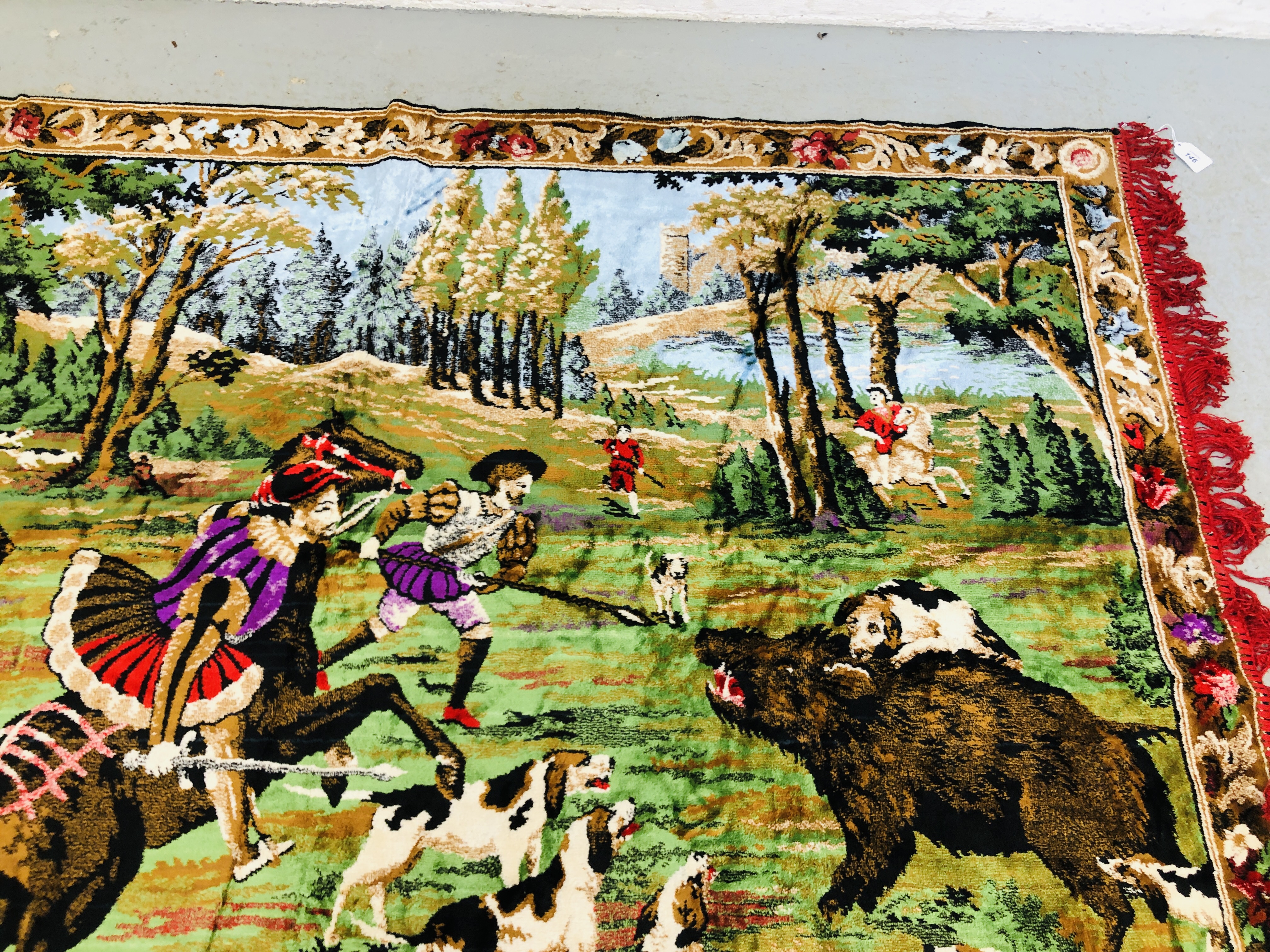 LARGE WALL HANGING DEPICTING A HUNTING SCENE WIDTH 174CM. HEIGHT 117CM. - Image 4 of 6