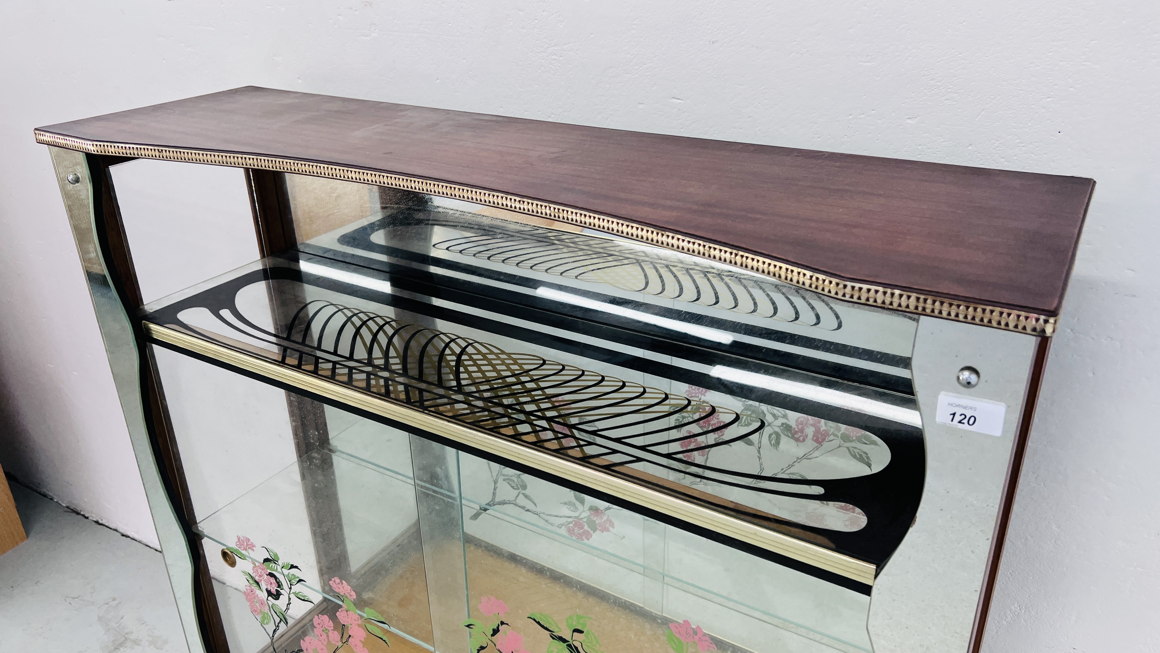 RETRO GLAZED MIRRORED BACK DRINKS CABINET WIDTH 104CM. DEPTH 31CM. HEIGHT 115CM. - Image 2 of 9