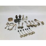 AN ASSORTED SELECTION OF VINTAGE SILVER TO INCLUDE MATCH BOX HOLDER, TONGS, CADDY SPOON,