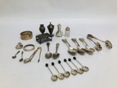 AN ASSORTED SELECTION OF VINTAGE SILVER TO INCLUDE MATCH BOX HOLDER, TONGS, CADDY SPOON,