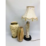 A FLORENCE "ALESSANDRA" TABLE LAMP ALONG WITH ART GLASS VASE AND ONE OTHER - SOLD AS SEEN.