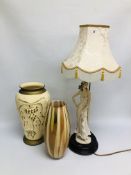 A FLORENCE "ALESSANDRA" TABLE LAMP ALONG WITH ART GLASS VASE AND ONE OTHER - SOLD AS SEEN.