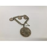VINTAGE WHITE METAL FLAT LINK CURB BRACELET WITH SAFETY CHAIN HAVING A SPANISH 5 PESETA 1870 COIN