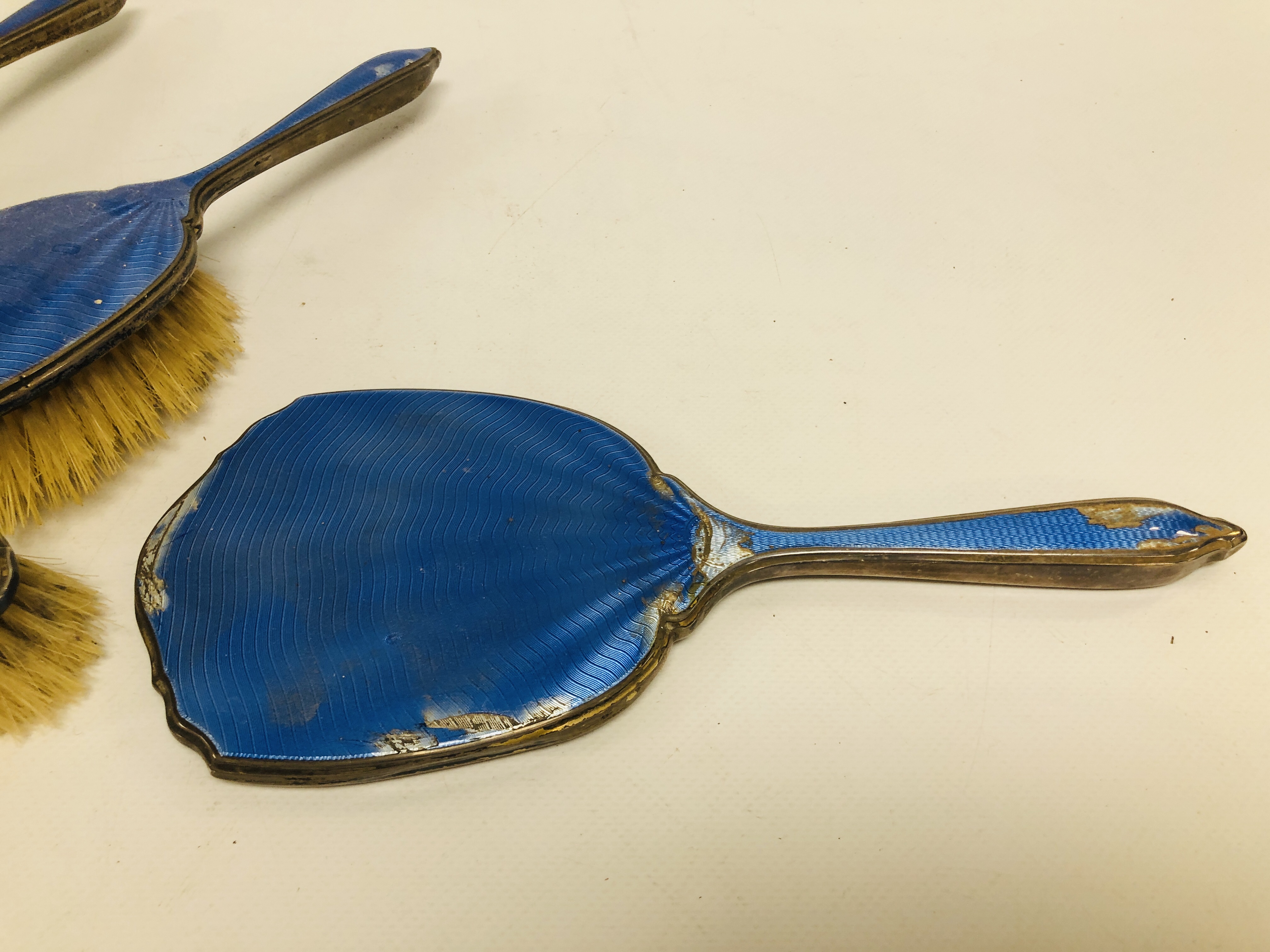 VINTAGE 4 PIECE SILVER BACKED DRESSING TABLE BRUSHES / MIRROR, BLUE ENAMELLED DETAIL, - Image 2 of 8